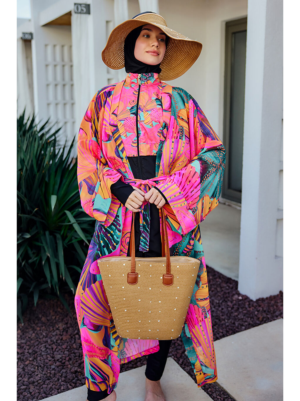 Remsa Tesettür Mayo Üzerine Tek Kaftan Kimono Pareo Pembe02 RP023 Color Shell-2