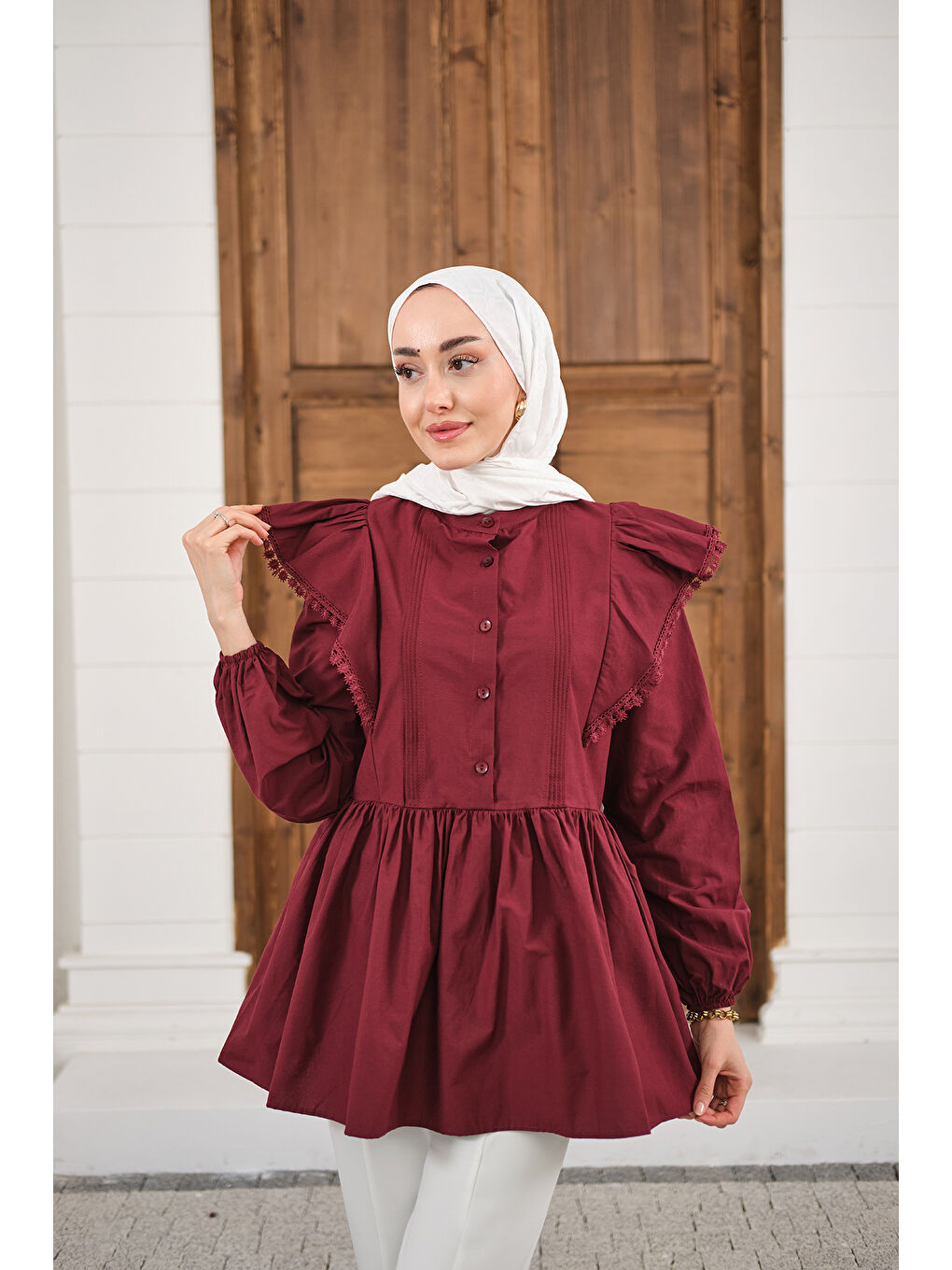 Kadın Bel Büzgülü Pile Detay Bisiklet Yaka Gömlek Bordo-2