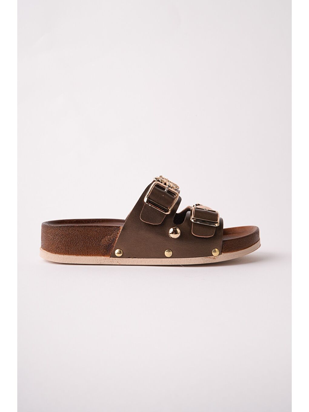 Kahverengi NYSSA Kelebek Aksesuarlı Çift Tokalı Günlük Kadın Terlik-1