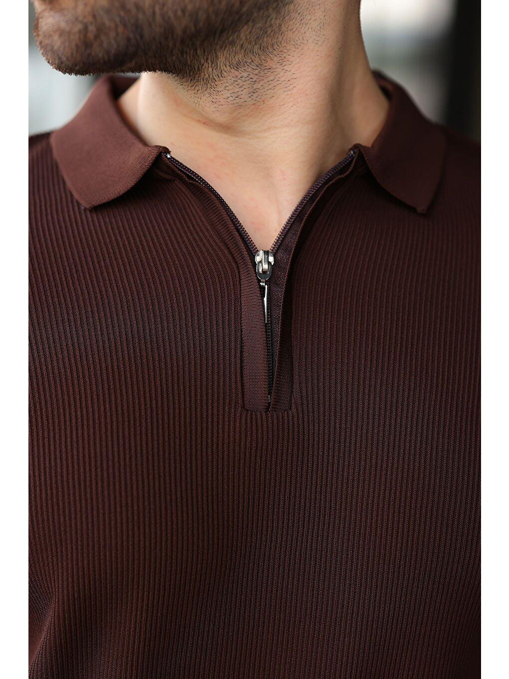Kahverengi Yarım Fermuarlı Polo Yaka Triko Erkek Tişört E74e59-1