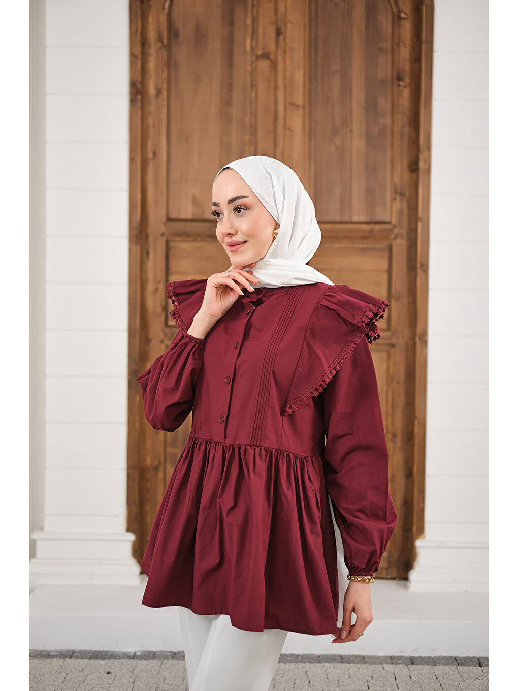 Kadın Bel Büzgülü Pile Detay Bisiklet Yaka Gömlek Bordo-3