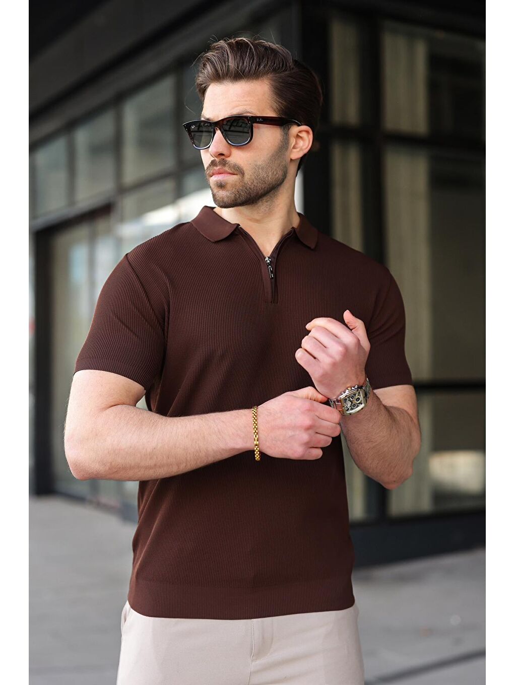 Kahverengi Yarım Fermuarlı Polo Yaka Triko Erkek Tişört E74e59-2