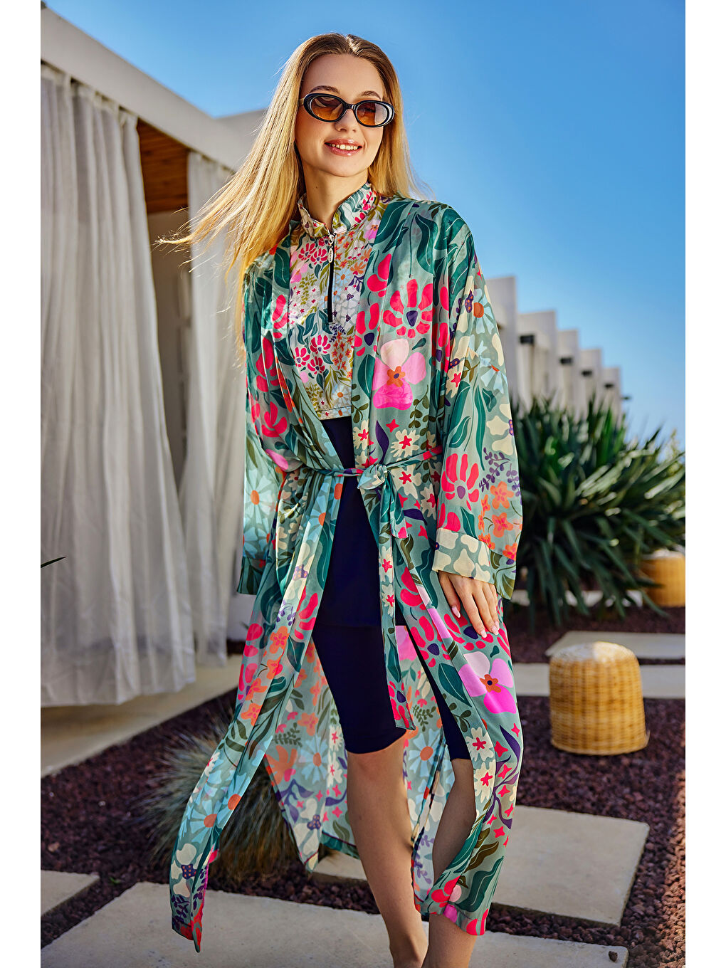 Remsa Tesettür Mayo Üzerine Tek Kaftan Kimono Pareo Yeşil RP026 Patara-1