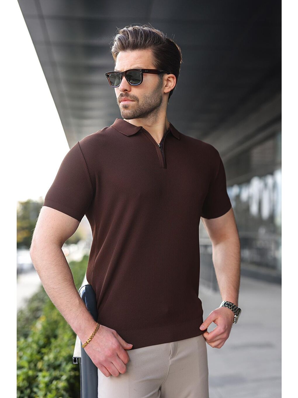 Kahverengi Yarım Fermuarlı Polo Yaka Triko Erkek Tişört E74e59-3