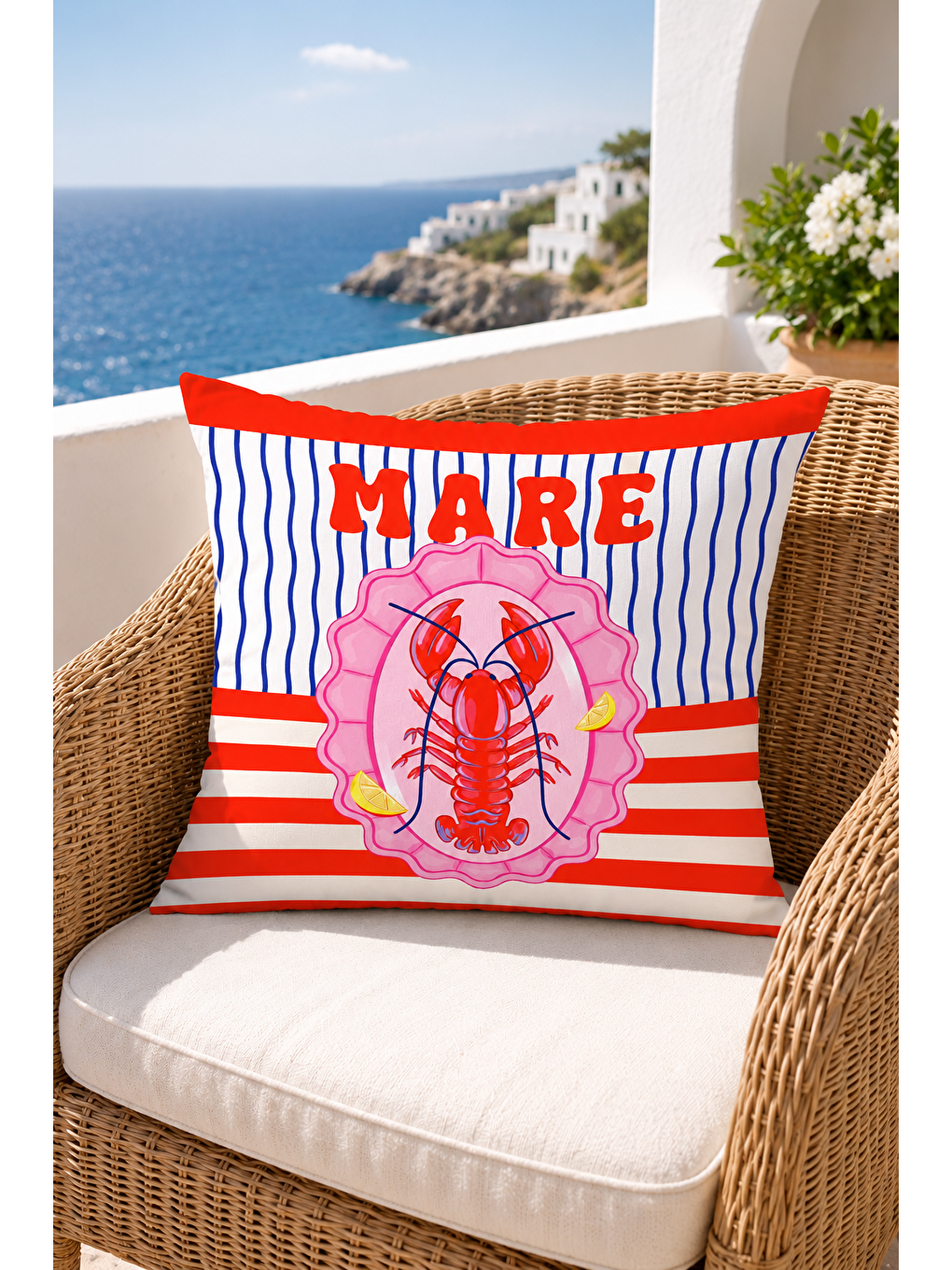 Beyaz Mare Istakoz Marin Desenli Dekoratif Kırlent Kılıfı Yazlık Akdeniz Dekoru 43x43 Cm-7