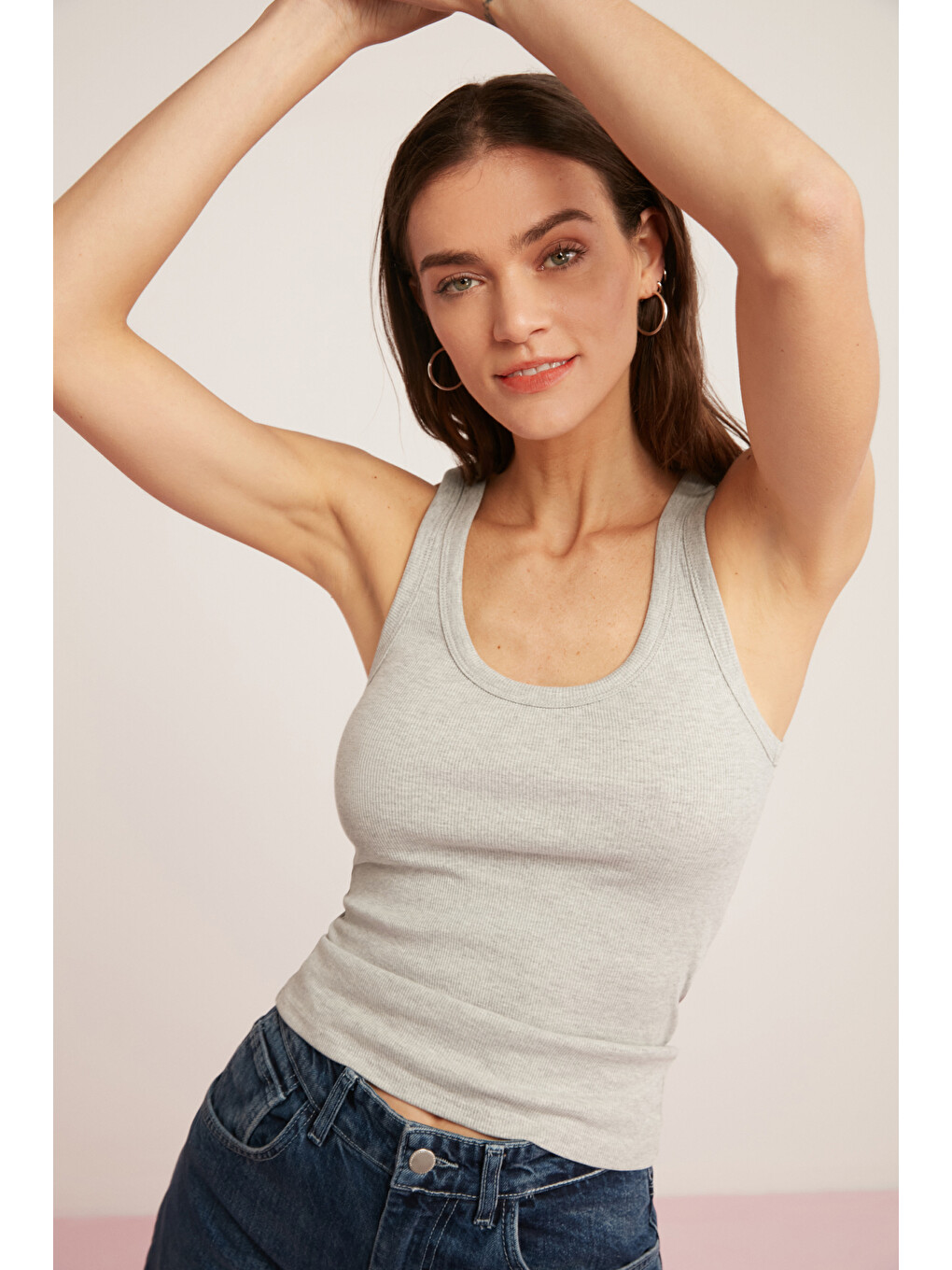 Lıllesol Kadın Fitilli Görünümlü Slim Fit Vücuda Oturan Havuz Yakalı Pamuklu Basic Gri Atlet-3