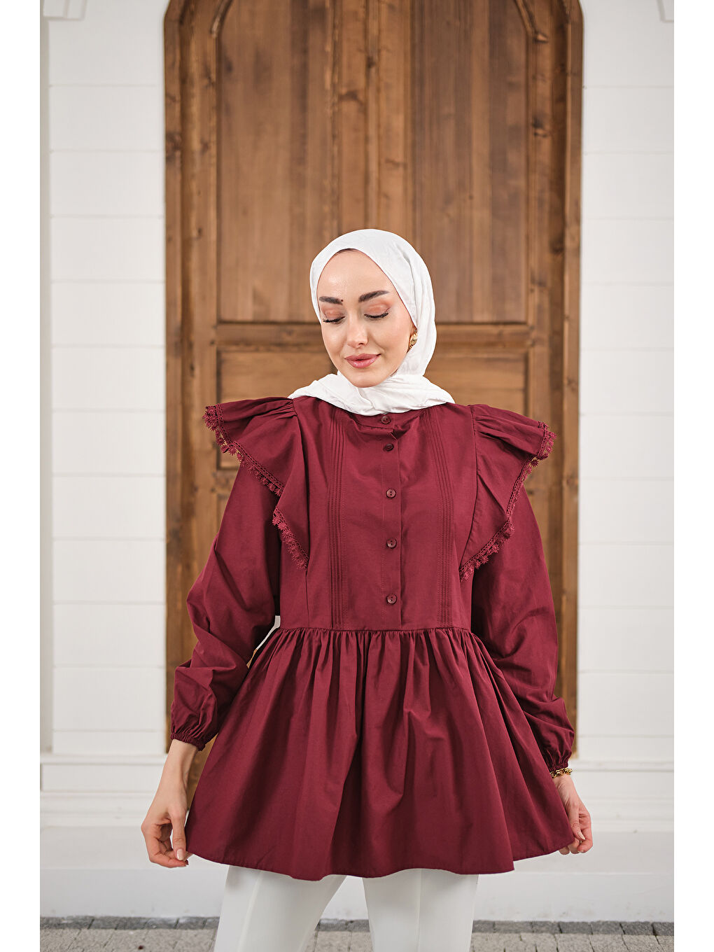 Kadın Bel Büzgülü Pile Detay Bisiklet Yaka Gömlek Bordo-4