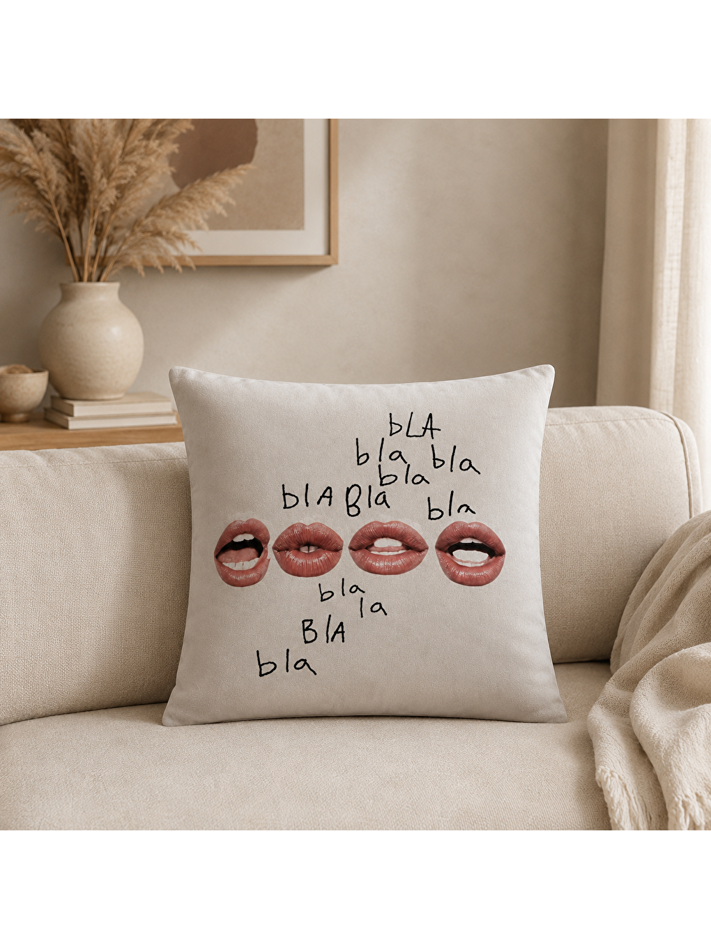 Bej Bla Bla Dudak Yazı Baskılı Pop Art Dekoratif Kırlent Kılıfı Modern Dekor 43x43 Cm-7