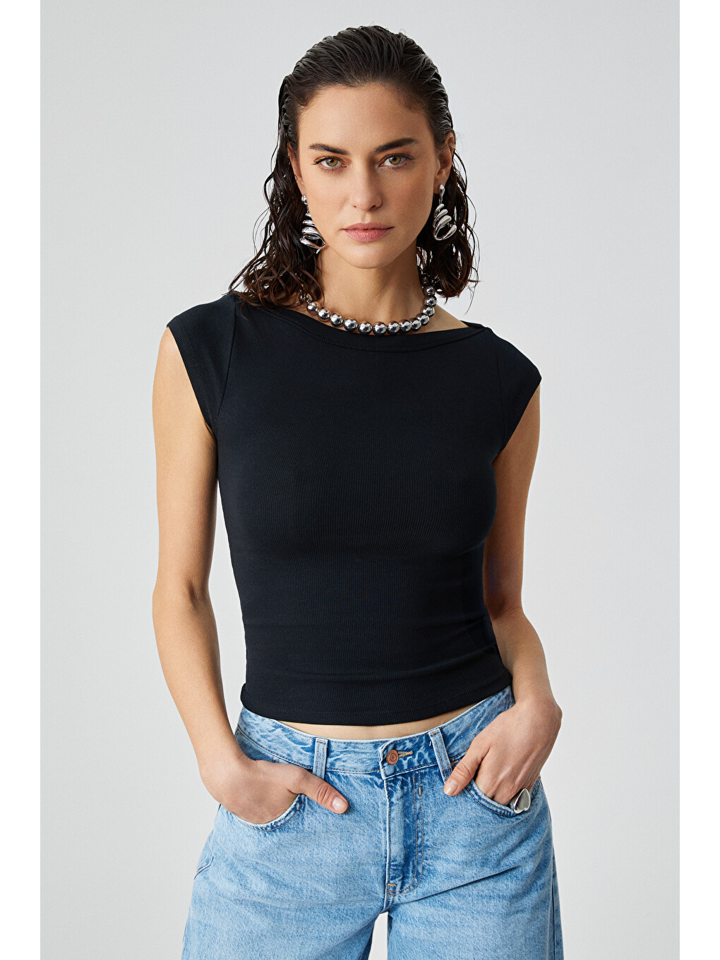Siyah NOEMI Kadın Balerin Yaka Kısa Kol Slim Fit Ribanalı SİYAH Bluz-2