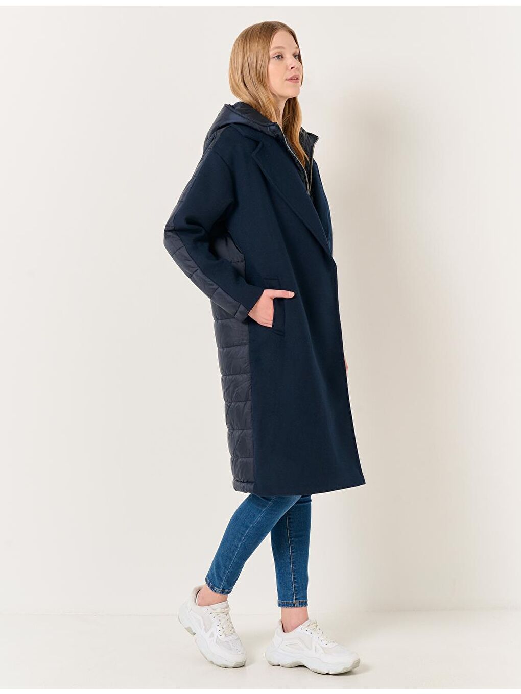 Lacivert Bol Kesim Kapüşonlu Midi Kaban-5