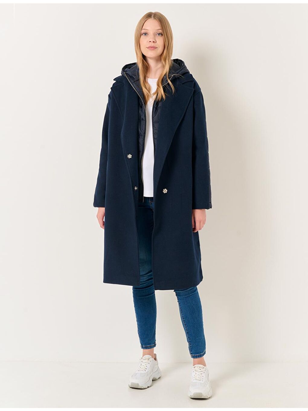 Lacivert Bol Kesim Kapüşonlu Midi Kaban-6