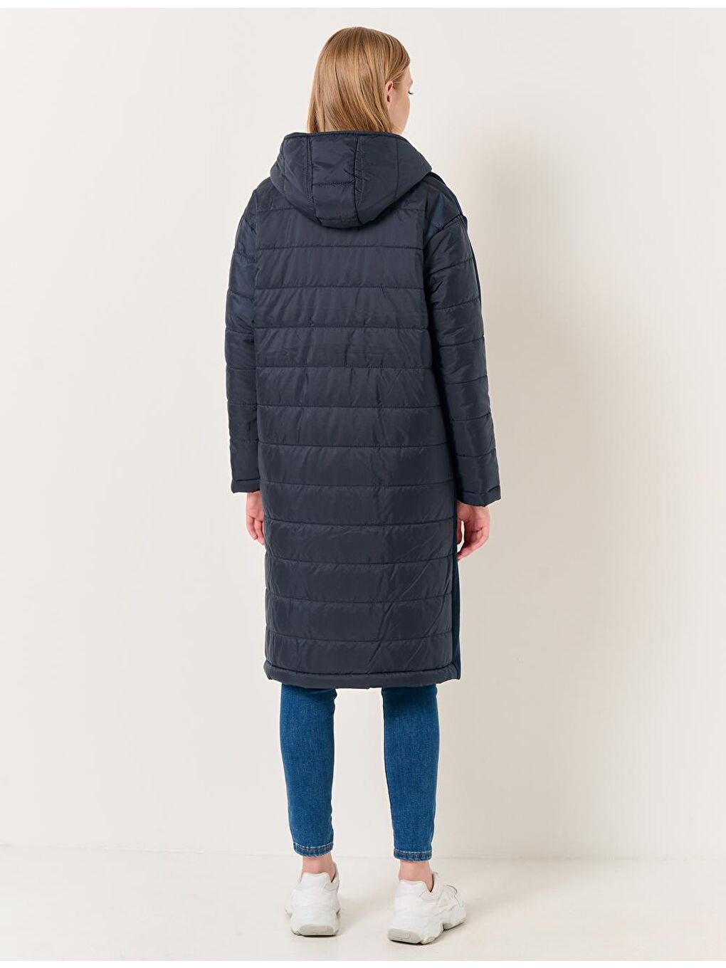 Lacivert Bol Kesim Kapüşonlu Midi Kaban-7
