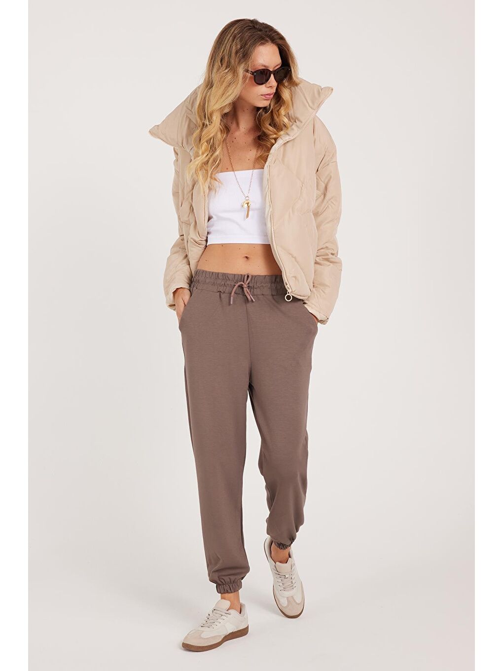 Kahverengi Kadın Relax Fit Rahat Kesim Modal Kumaş Beli Bağlamalı Lastikli Jogger Açık Kahve Eşofman Altı-1