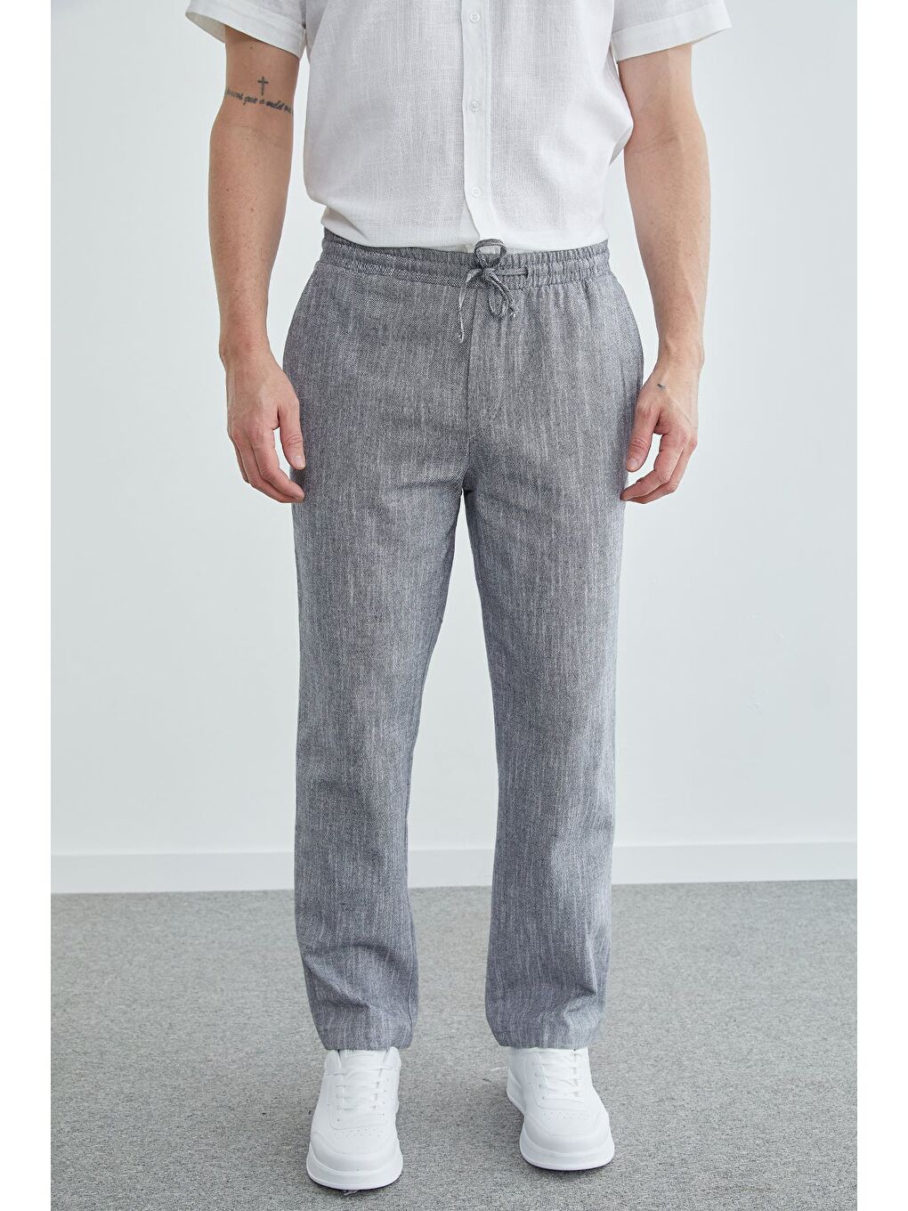 Mavi Beli Bağlamalı Keten Görünümlü Pantolon-1