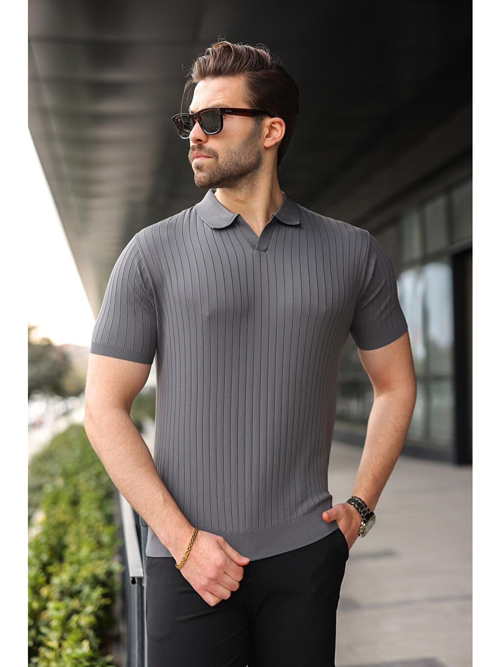 Antrasit Polo Yaka Triko Erkek Tişört E7461