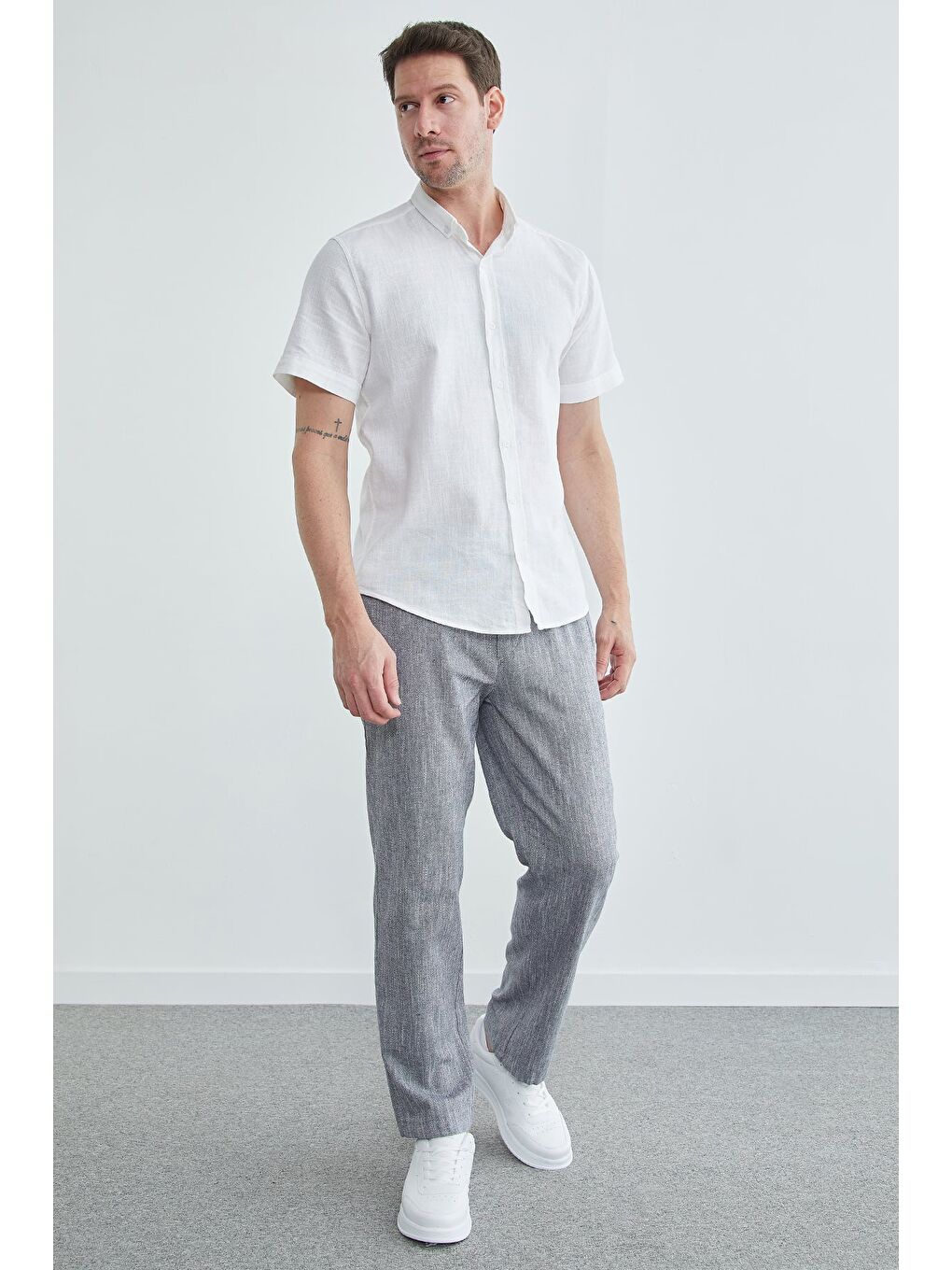 Mavi Beli Bağlamalı Keten Görünümlü Pantolon-2