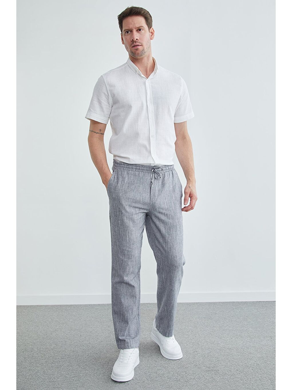 Mavi Beli Bağlamalı Keten Görünümlü Pantolon-3