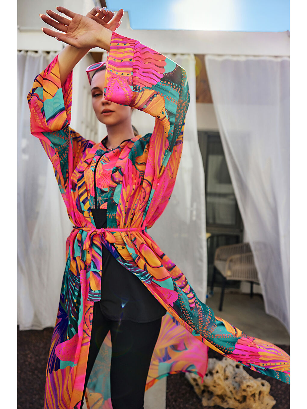 Remsa Tesettür Mayo Üzerine Tek Kaftan Kimono Pareo Pembe02 RP023 Color Shell-3