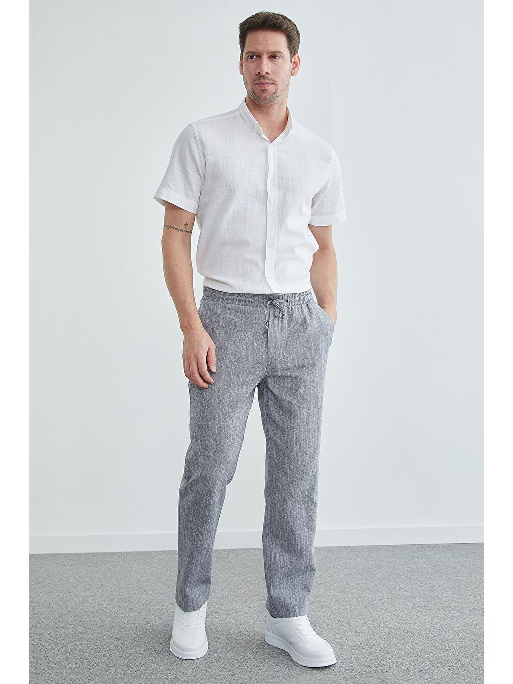 Mavi Beli Bağlamalı Keten Görünümlü Pantolon-4