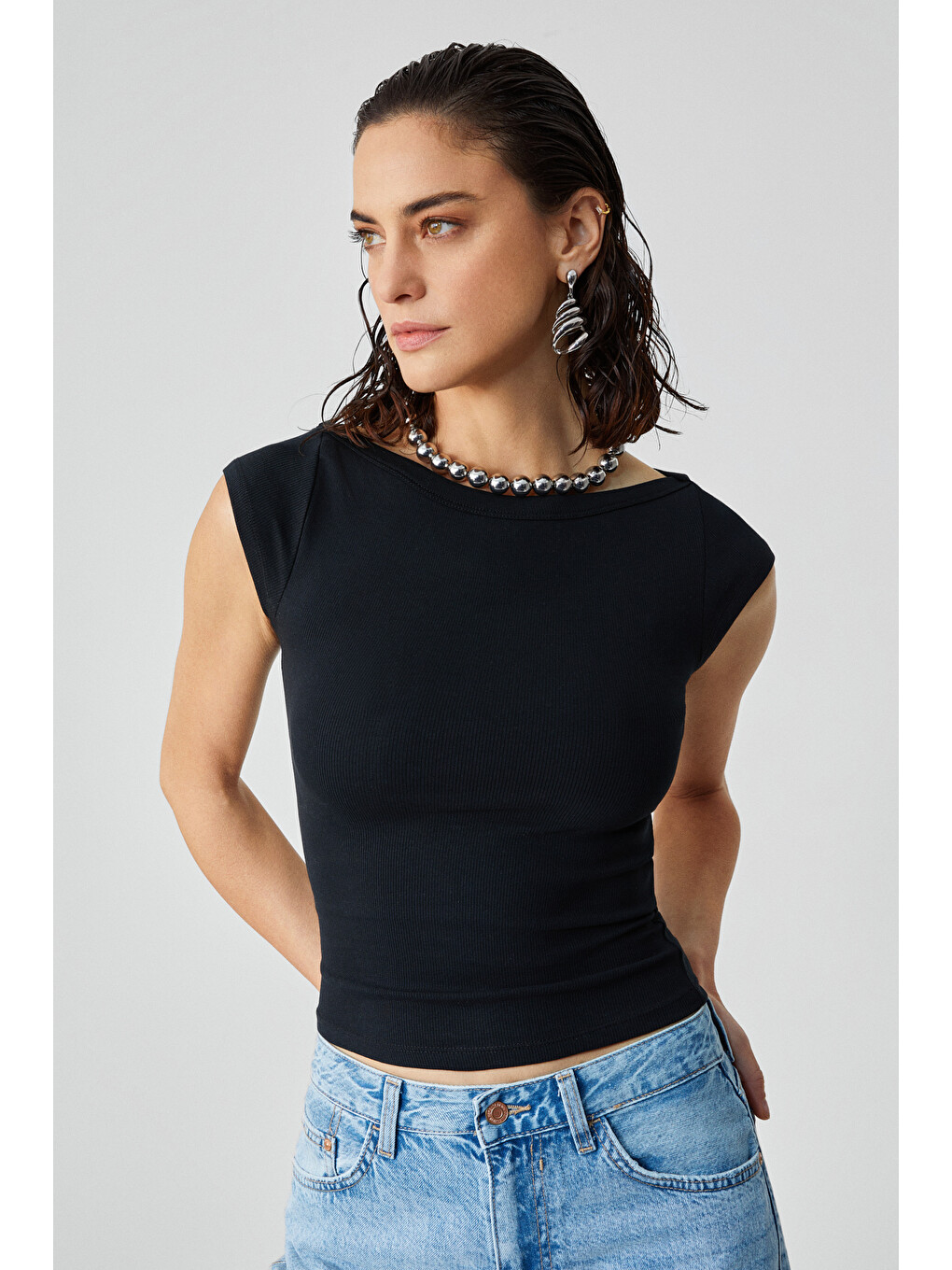 Siyah NOEMI Kadın Balerin Yaka Kısa Kol Slim Fit Ribanalı SİYAH Bluz-3