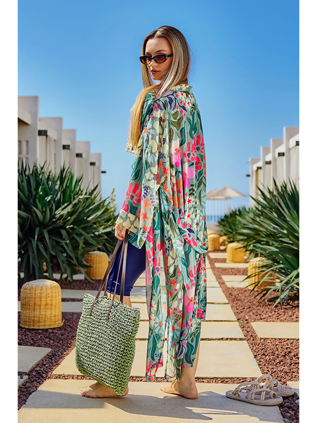 Remsa Tesettür Mayo Üzerine Tek Kaftan Kimono Pareo Yeşil RP026 Patara-2