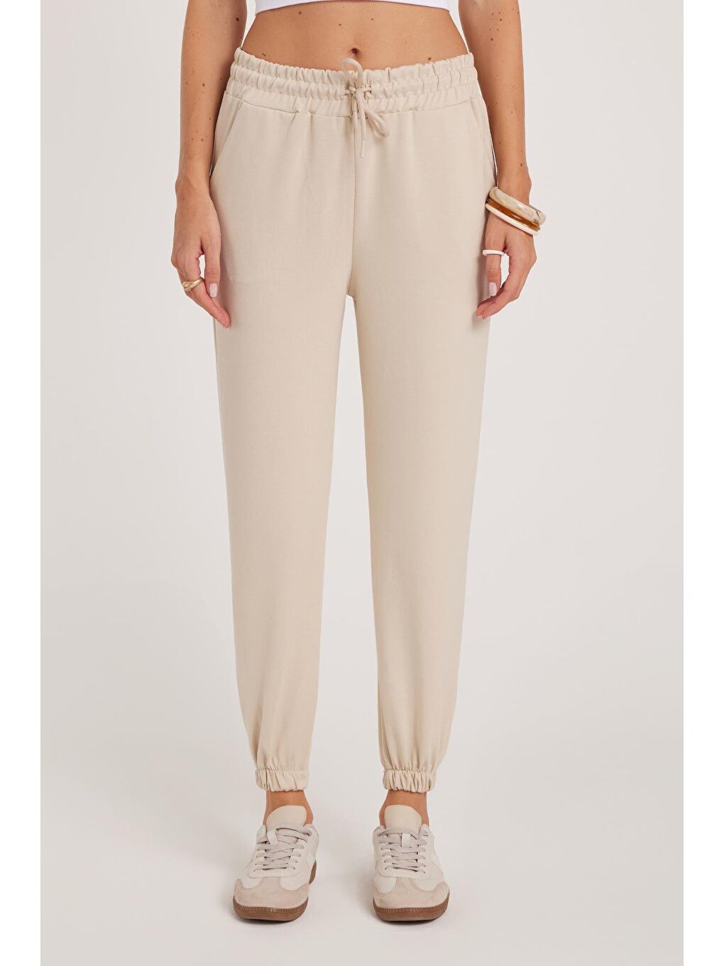 Bej Kadın Relax Fit Rahat Kesim Modal Kumaş Beli Bağlamalı Lastikli Jogger Taş Eşofman Altı