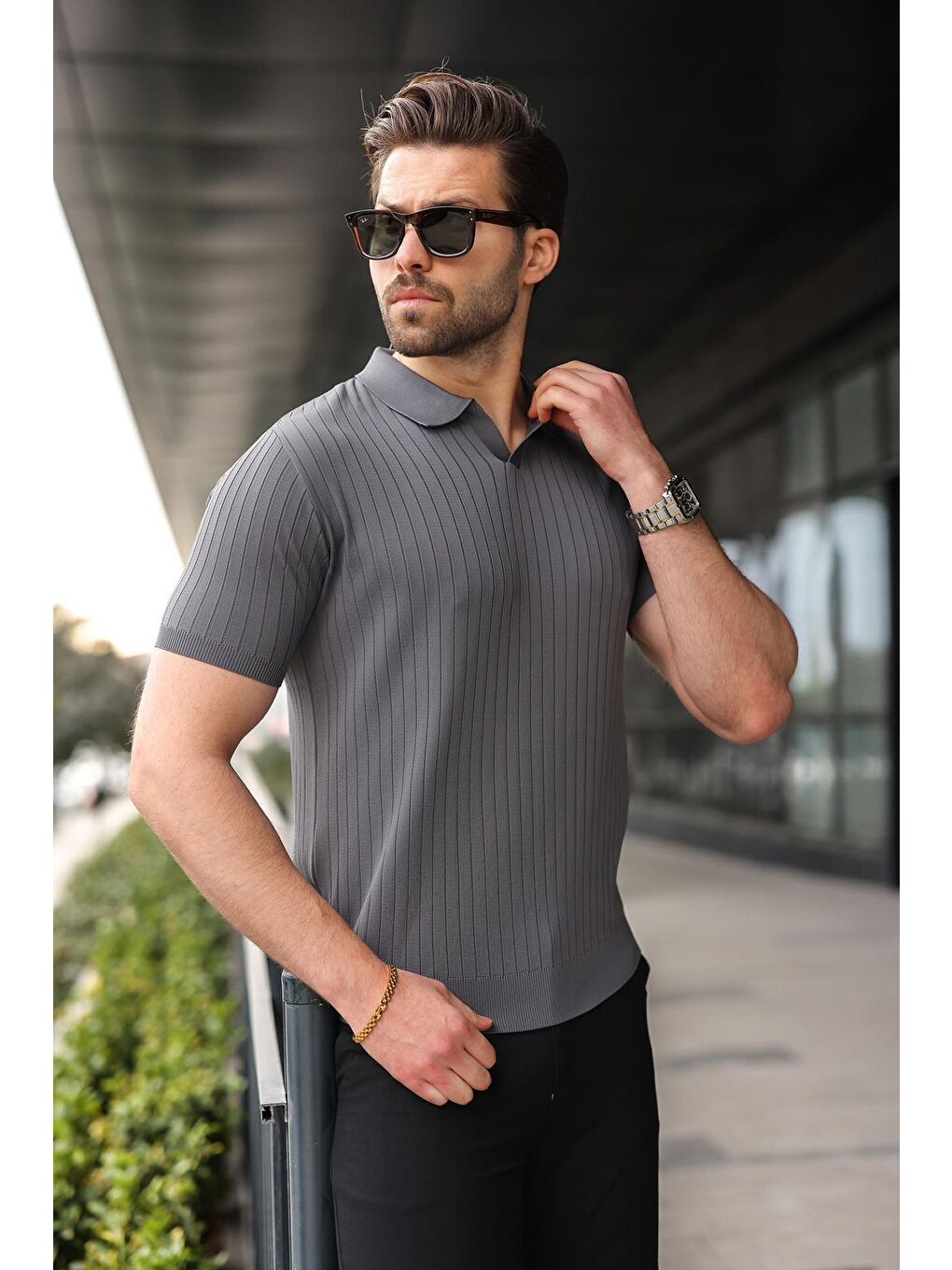 Antrasit Polo Yaka Triko Erkek Tişört E7461-3