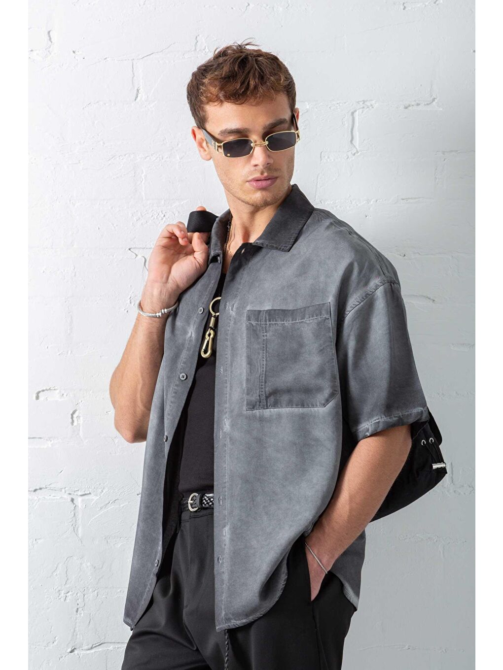 Erkek Yıkamalı Kısa Kollu Oversize %100 Pamuk Gömlek Siyah