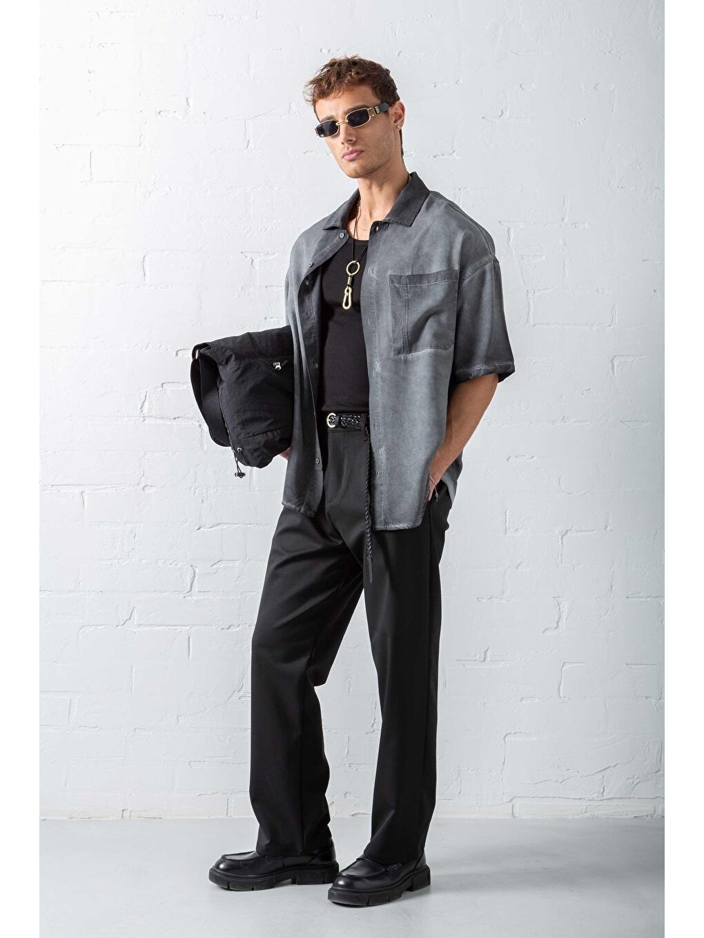 Erkek Yıkamalı Kısa Kollu Oversize %100 Pamuk Gömlek Siyah-4