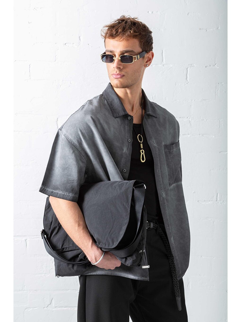 Erkek Yıkamalı Kısa Kollu Oversize %100 Pamuk Gömlek Siyah-5