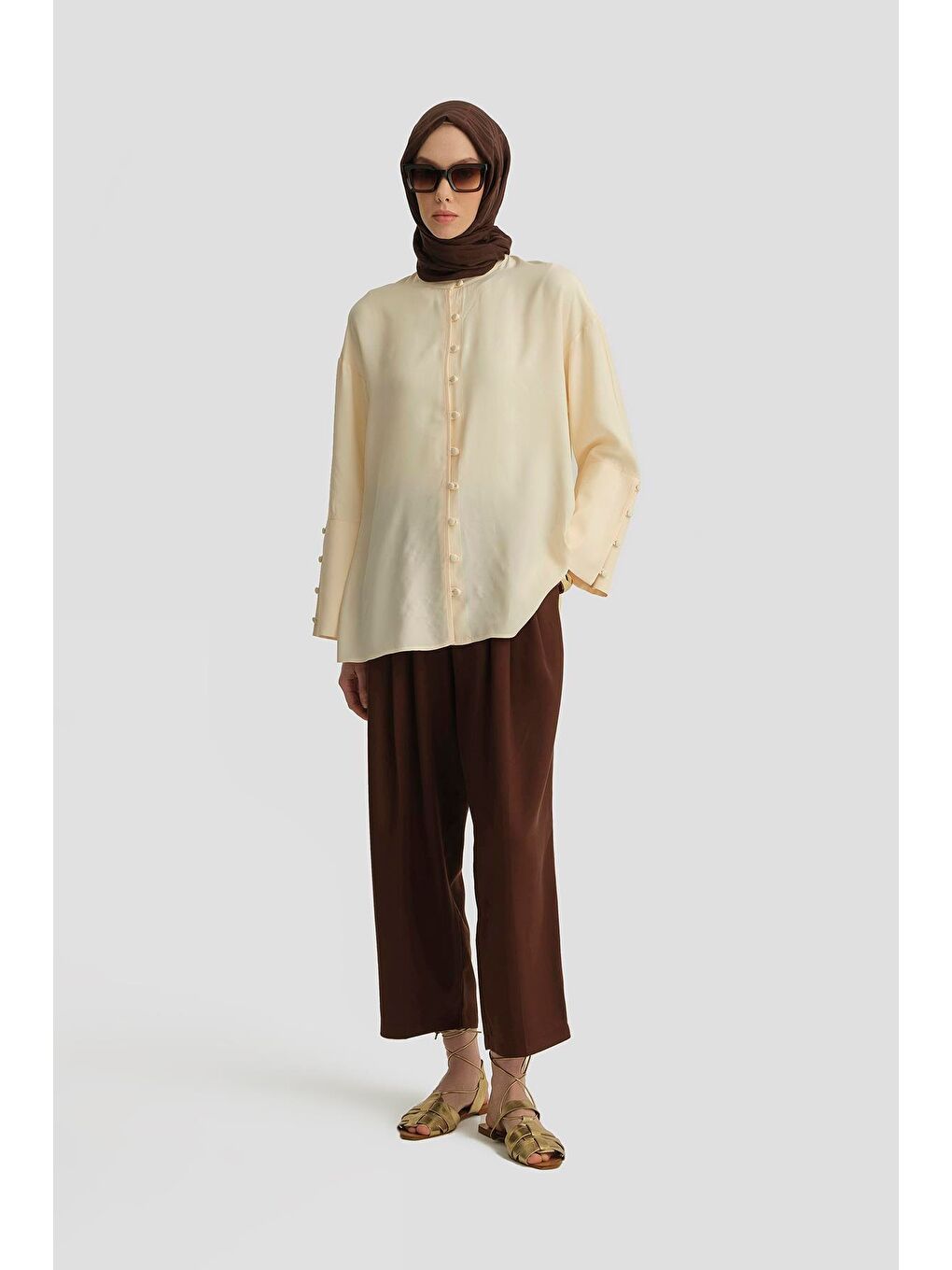 Kahverengi Çift Pileli Pantolon 25Y2816 Açık Kahve-1