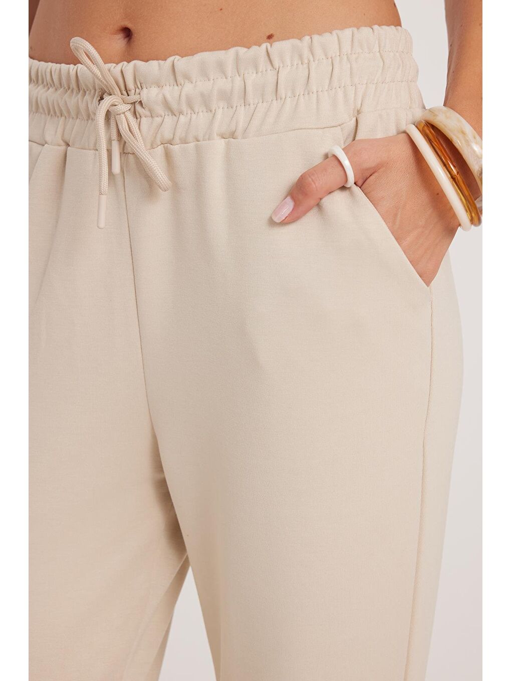 Bej Kadın Relax Fit Rahat Kesim Modal Kumaş Beli Bağlamalı Lastikli Jogger Taş Eşofman Altı-2
