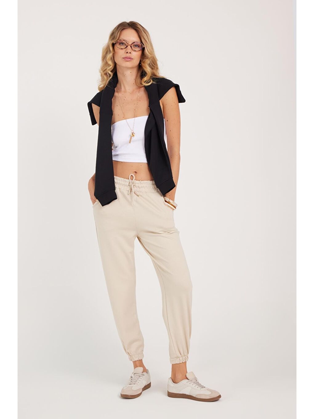 Bej Kadın Relax Fit Rahat Kesim Modal Kumaş Beli Bağlamalı Lastikli Jogger Taş Eşofman Altı-3