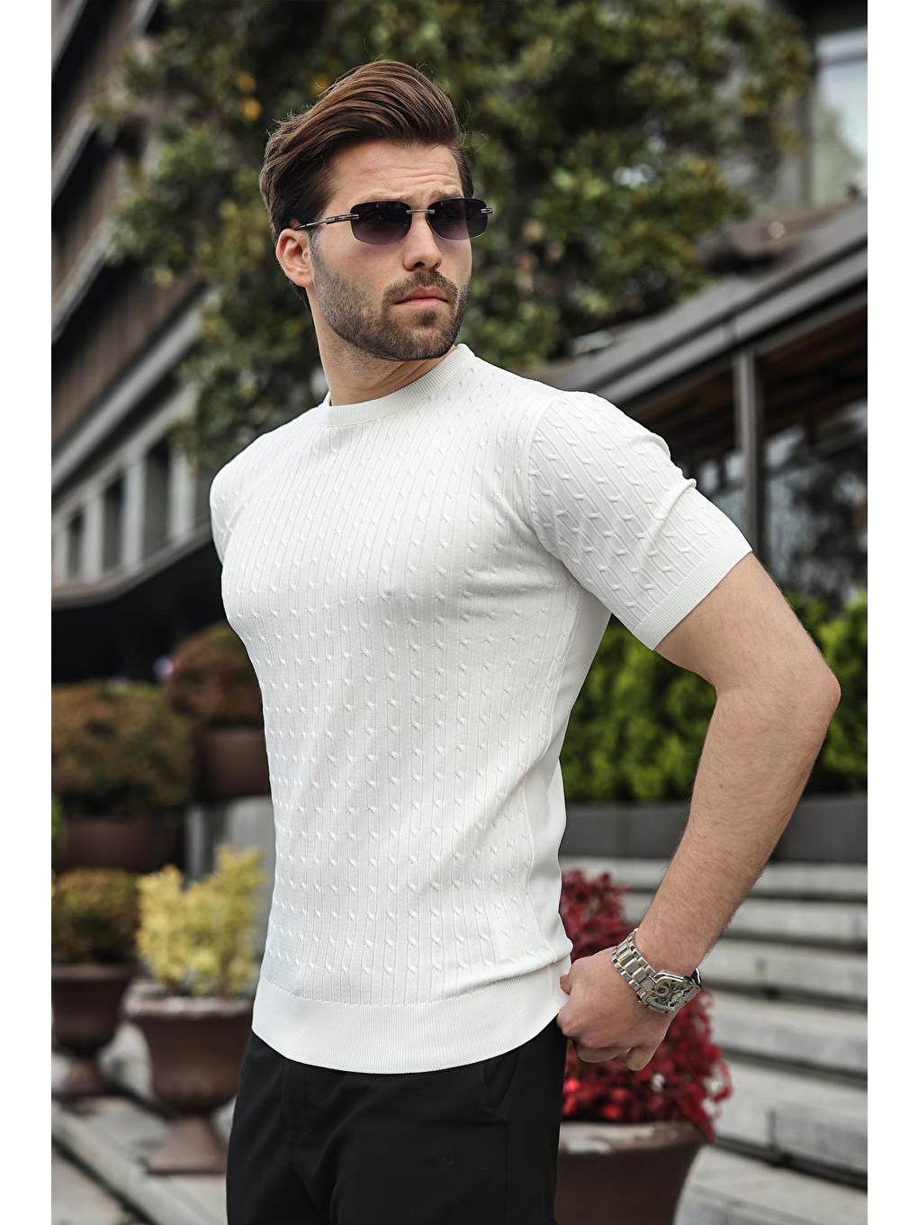 Beyaz Bisiklet Yaka Triko Erkek Tişört E7468-1