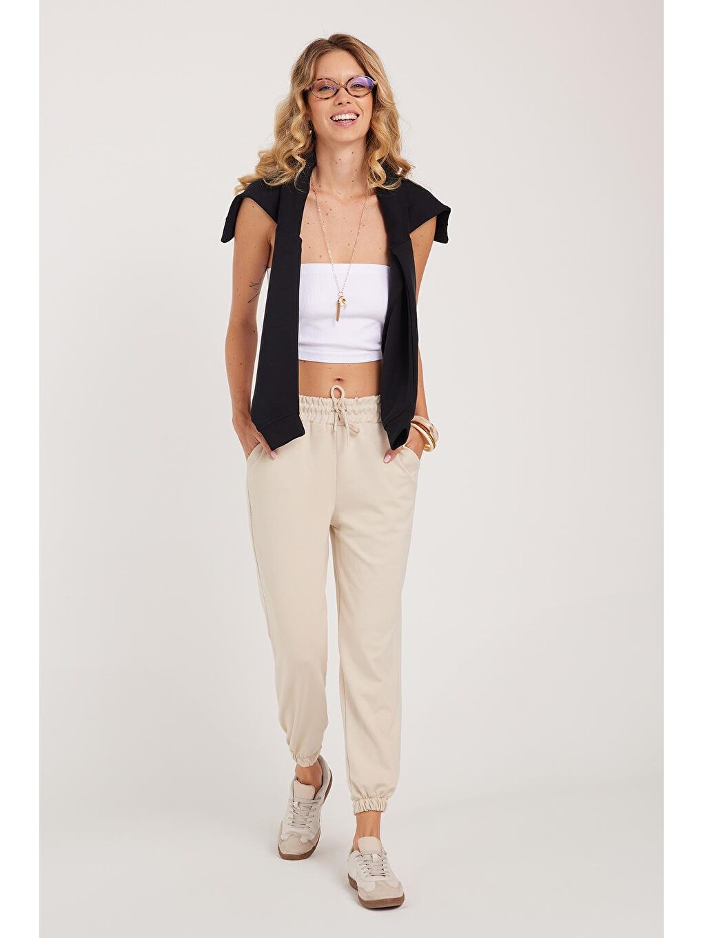 Bej Kadın Relax Fit Rahat Kesim Modal Kumaş Beli Bağlamalı Lastikli Jogger Taş Eşofman Altı-4