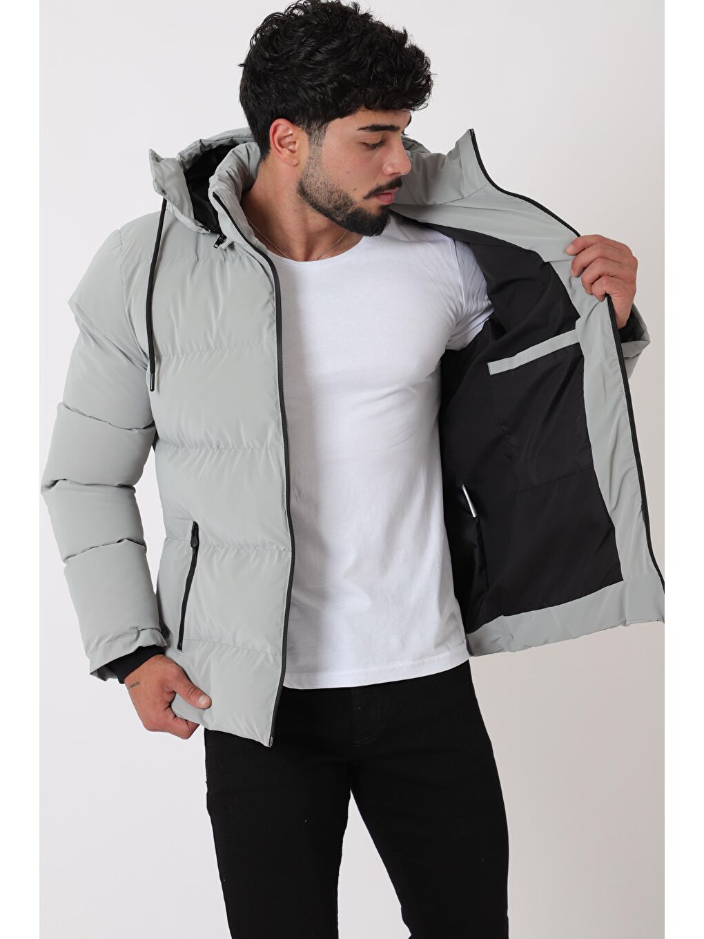 Gri Armalı Çıtçıtlı Nova Kışlık Şişme Mont PLDP 3007_50452-2