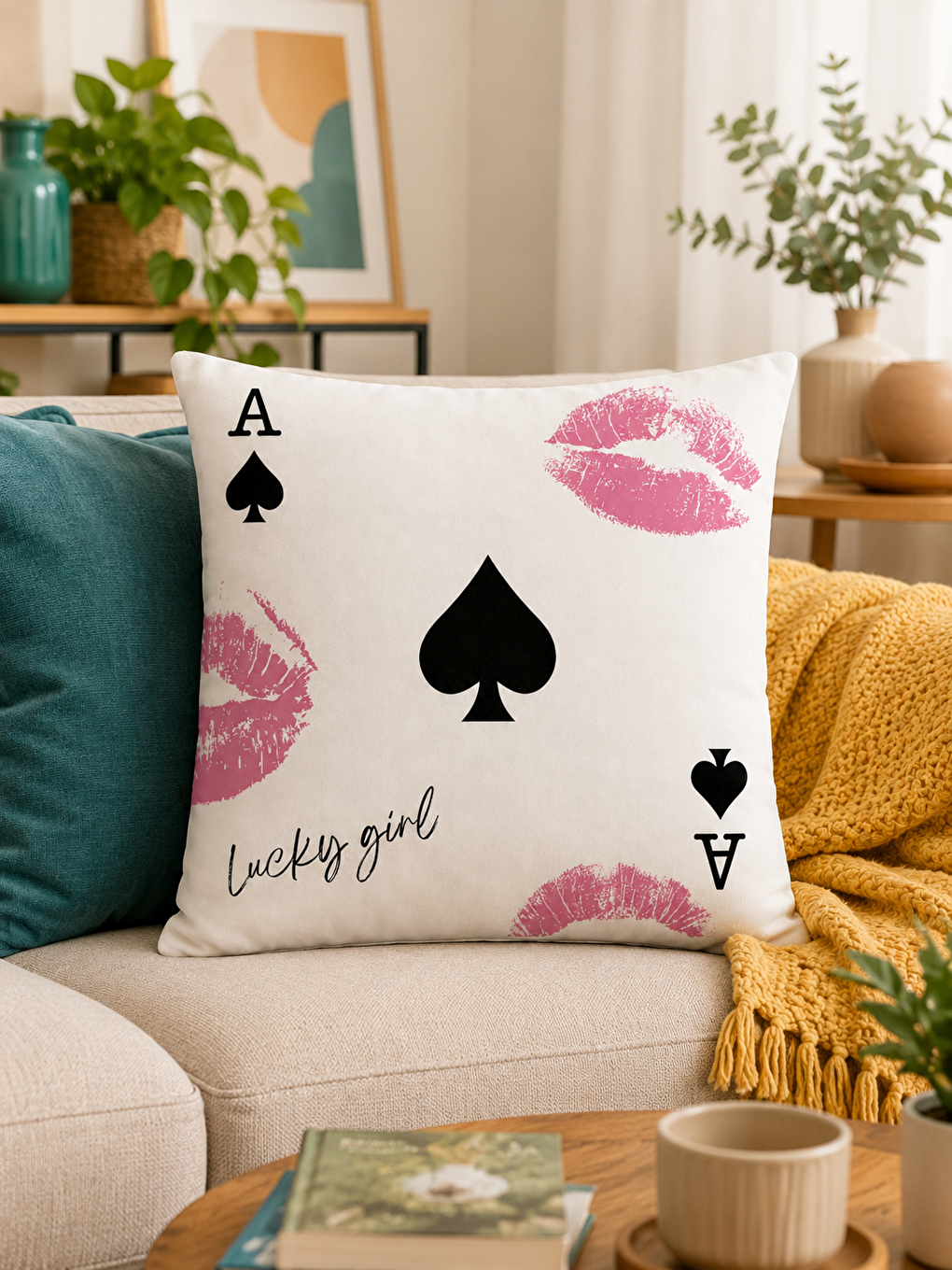 Beyaz Lucky Girl Maça Ası Dudak Baskılı Pop Art Dekoratif Kırlent Kılıfı Modern Dekor 43x43 Cm