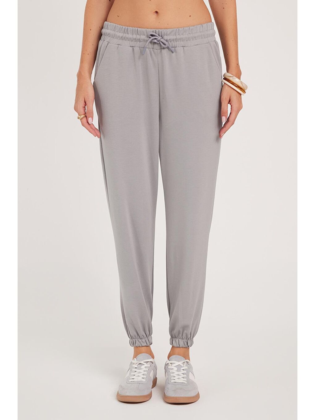 Kadın Relax Fit Rahat Kesim Modal Kumaş Beli Bağlamalı Lastikli Jogger Gri Eşofman Altı