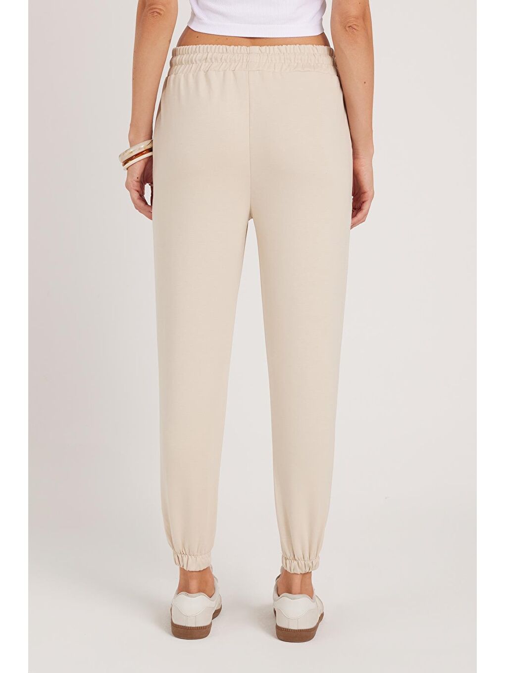 Bej Kadın Relax Fit Rahat Kesim Modal Kumaş Beli Bağlamalı Lastikli Jogger Taş Eşofman Altı-6
