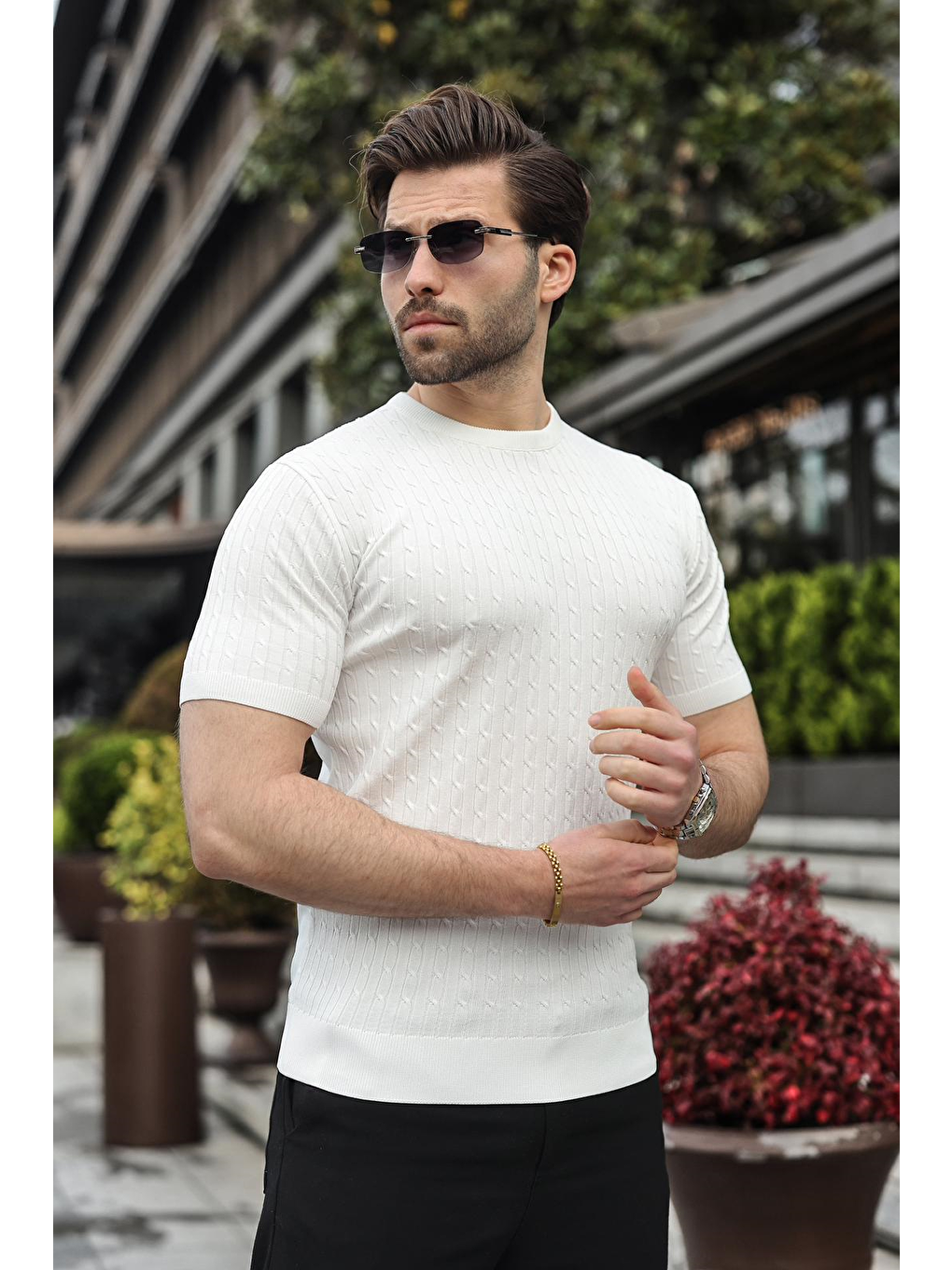 Beyaz Bisiklet Yaka Triko Erkek Tişört E7468-3