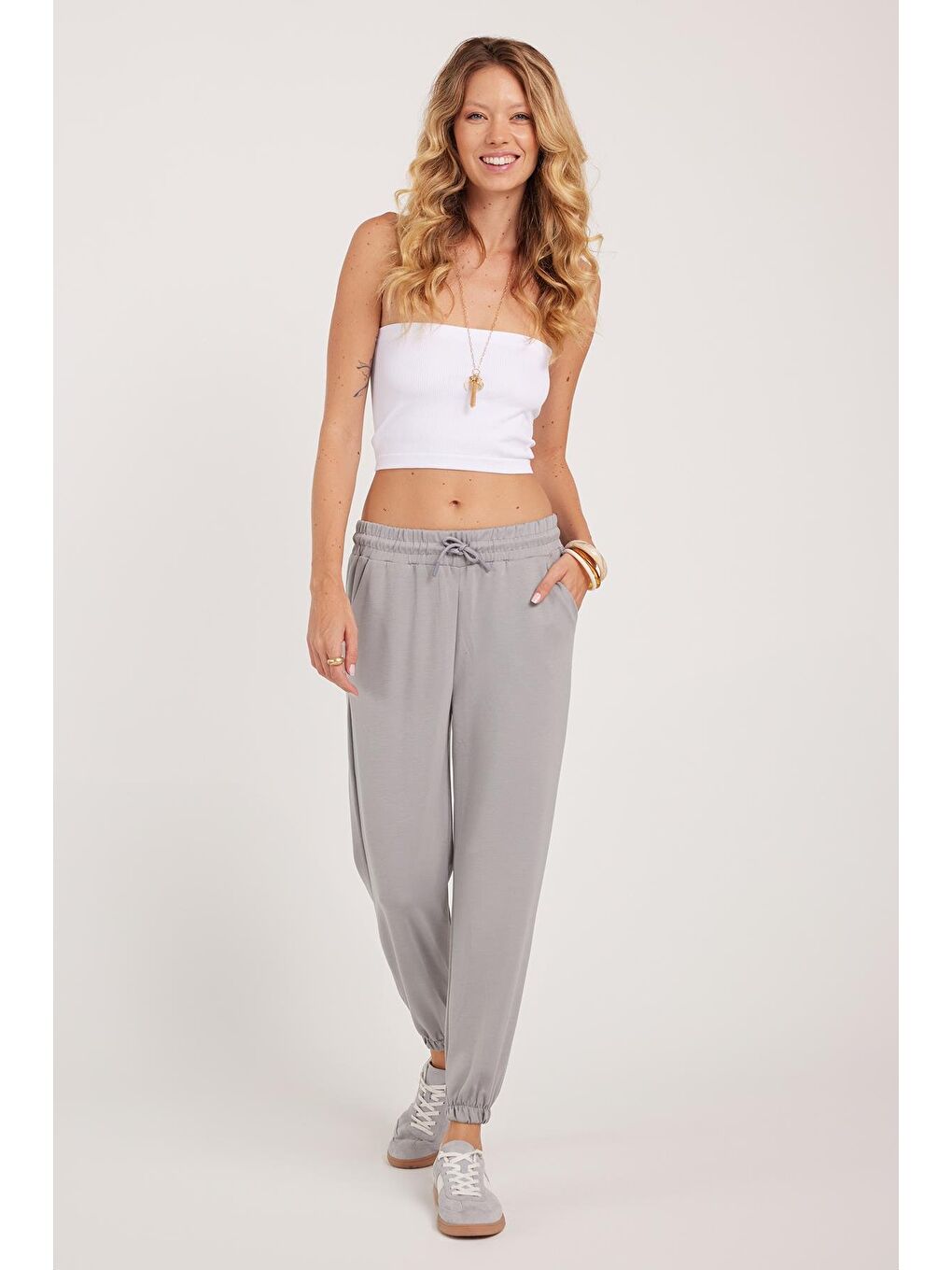 Kadın Relax Fit Rahat Kesim Modal Kumaş Beli Bağlamalı Lastikli Jogger Gri Eşofman Altı-1