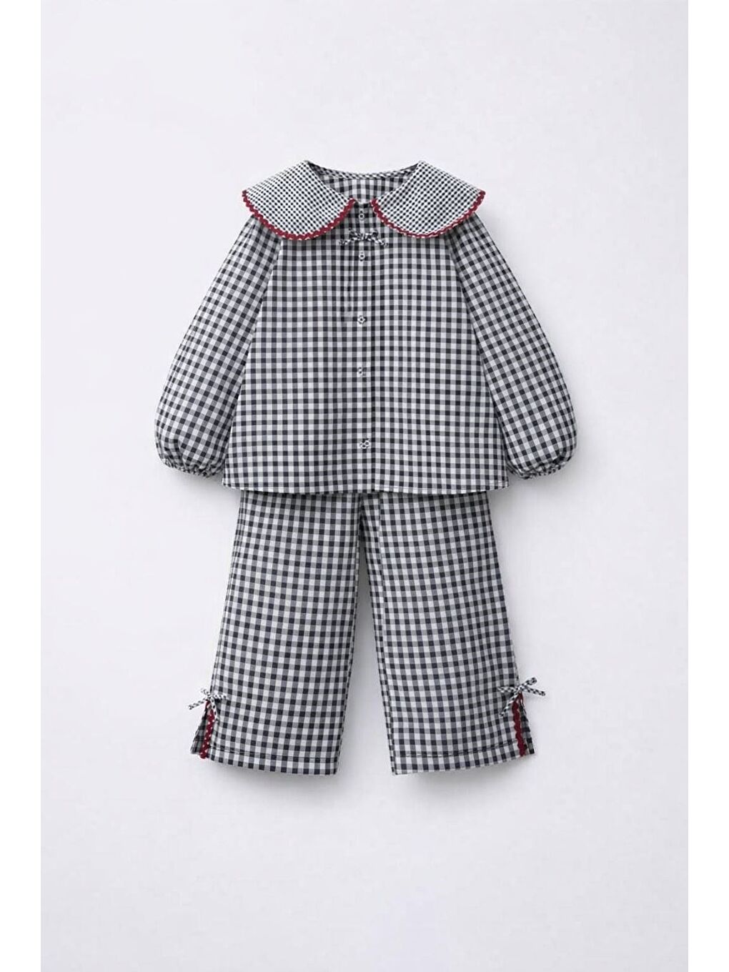Kız Çocuk Pamuklu Siyah Beyaz Pötikare Gömlek Pantolon Takım - Büyük Yakalı Fiyonk Detaylı