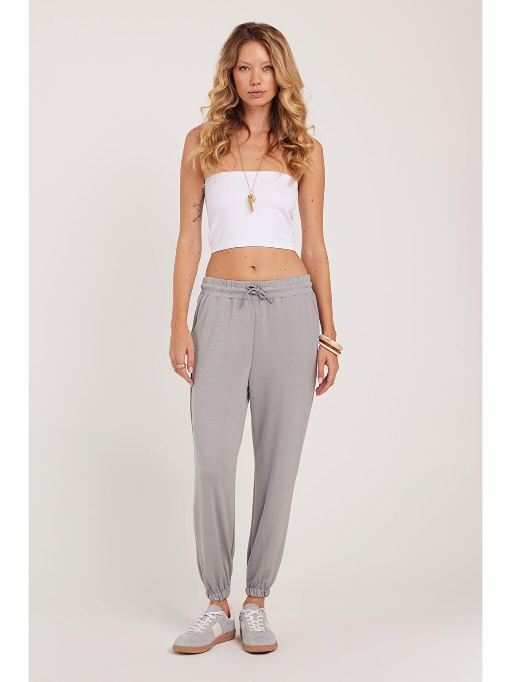 Kadın Relax Fit Rahat Kesim Modal Kumaş Beli Bağlamalı Lastikli Jogger Gri Eşofman Altı-3