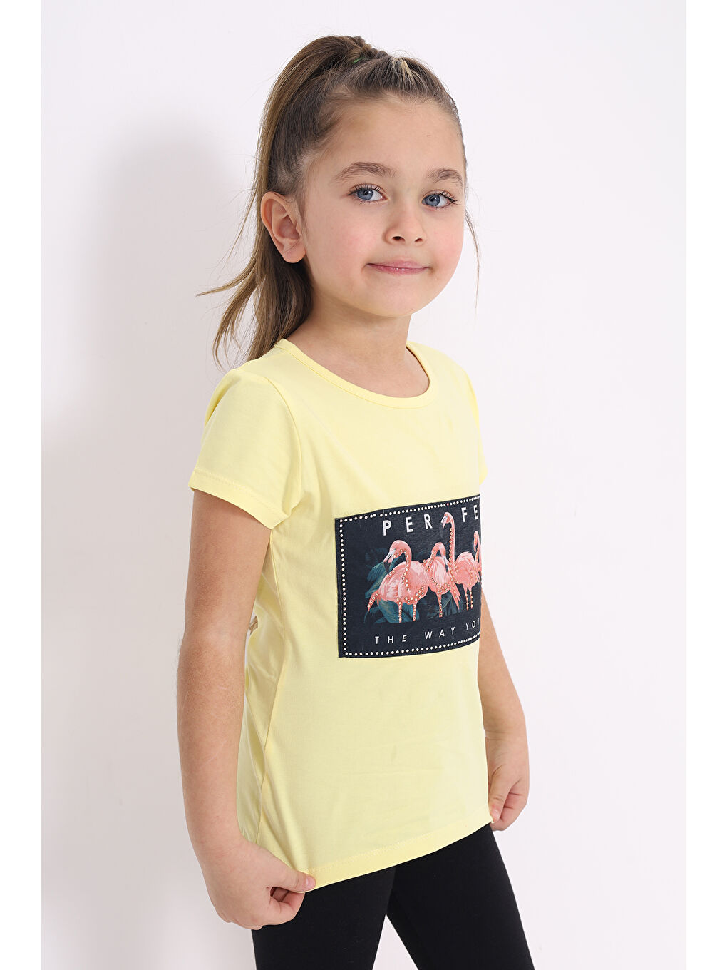 Sarı Kız Çocuk Flamingo Baskılı Tişört-1