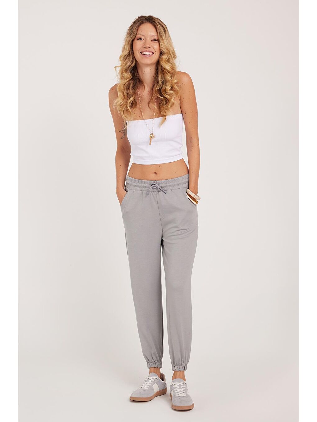Kadın Relax Fit Rahat Kesim Modal Kumaş Beli Bağlamalı Lastikli Jogger Gri Eşofman Altı-4