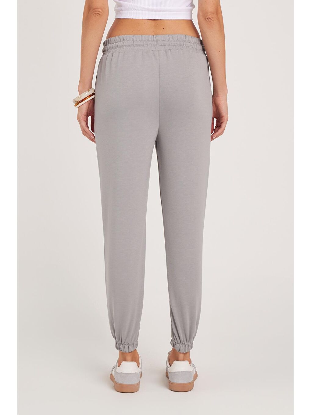 Kadın Relax Fit Rahat Kesim Modal Kumaş Beli Bağlamalı Lastikli Jogger Gri Eşofman Altı-6