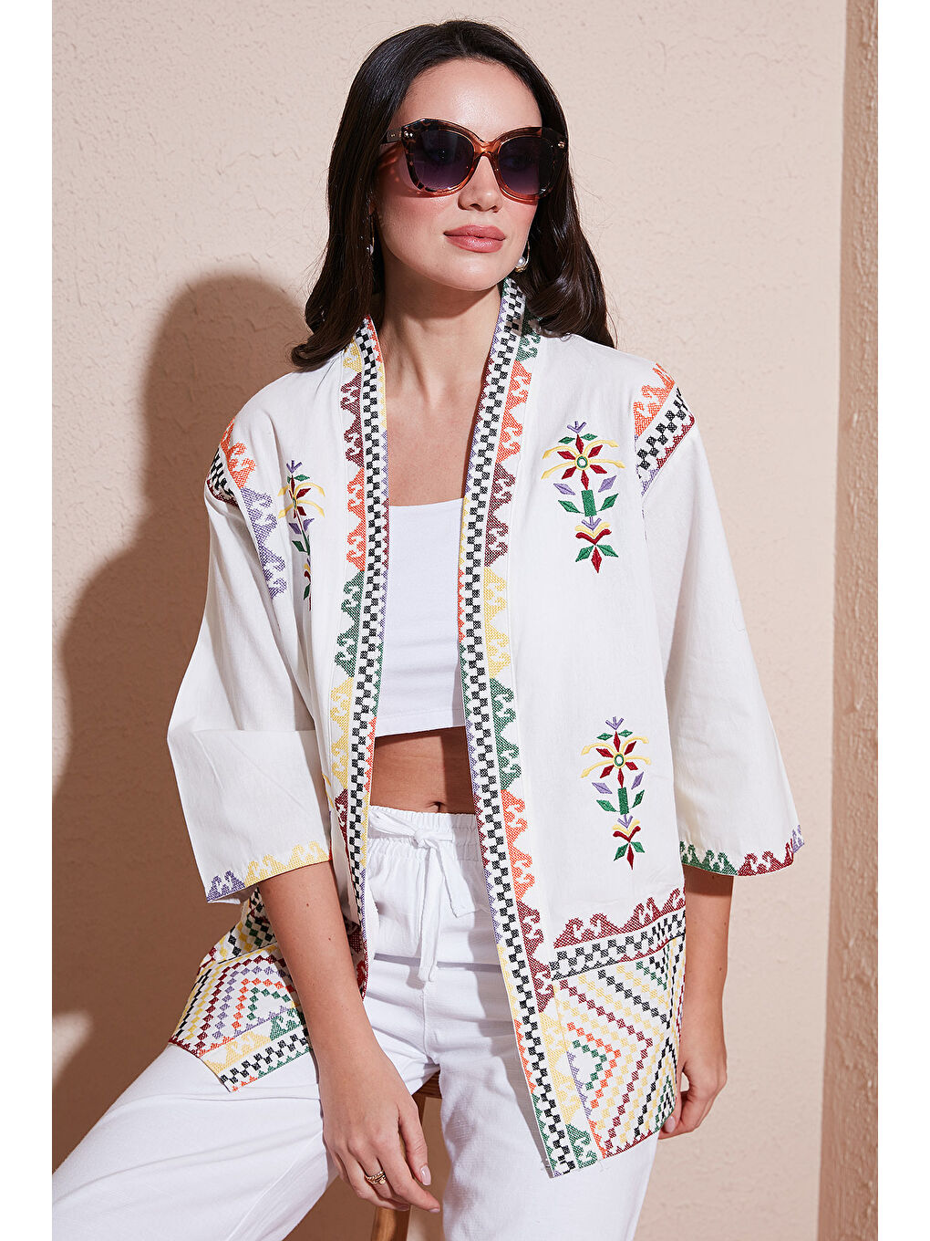 Lela Ekru Nakış İşlemeli Pamuklu Oversize Fit Truvakar Kol Kimono 676272