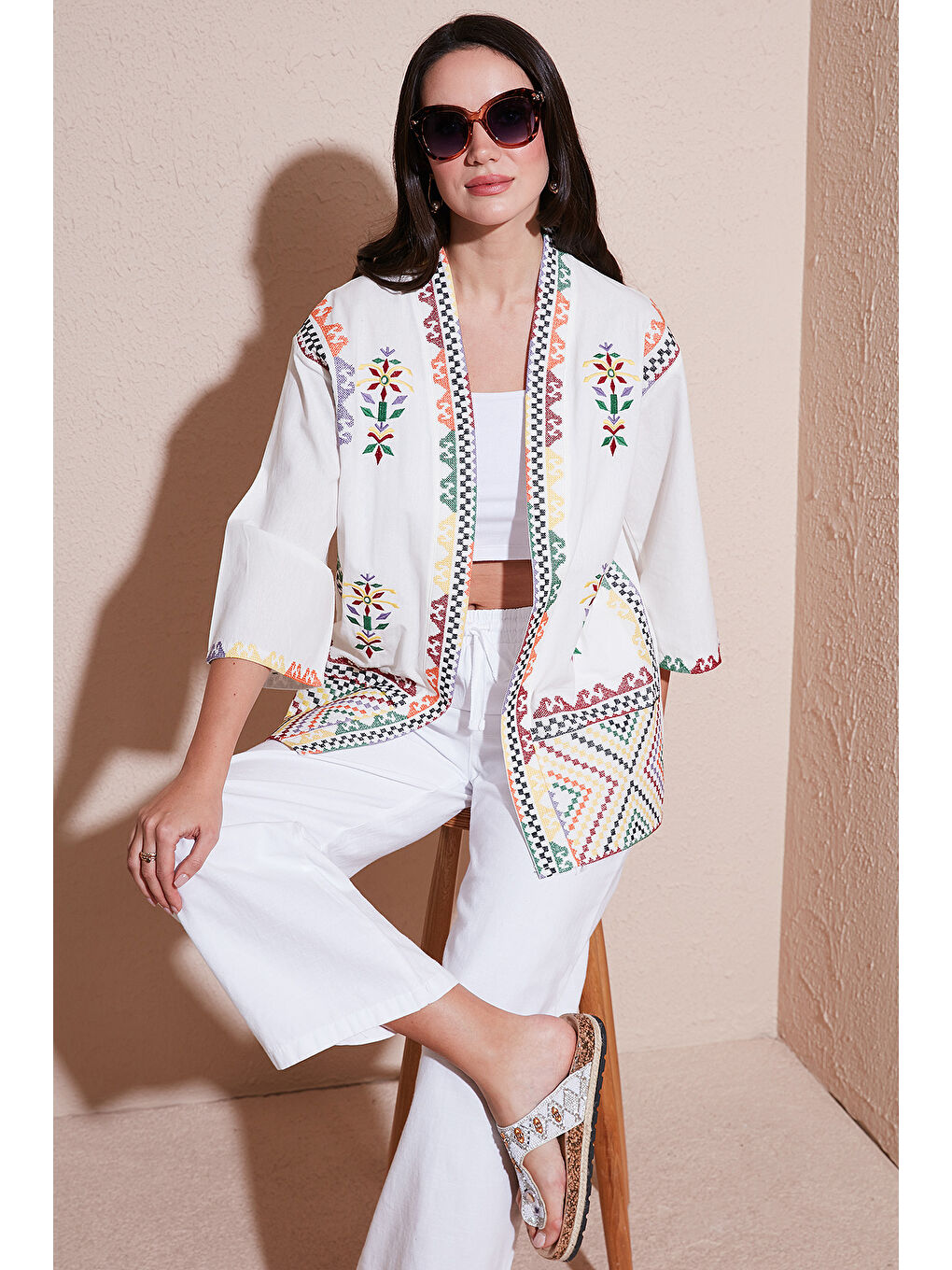 Lela Ekru Nakış İşlemeli Pamuklu Oversize Fit Truvakar Kol Kimono 676272 - 1