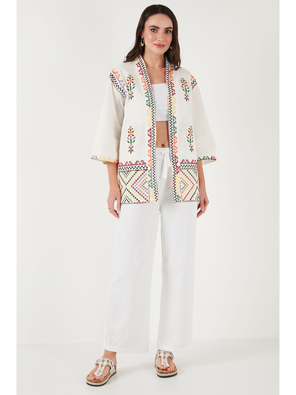 Lela Ekru Nakış İşlemeli Pamuklu Oversize Fit Truvakar Kol Kimono 676272 - 2