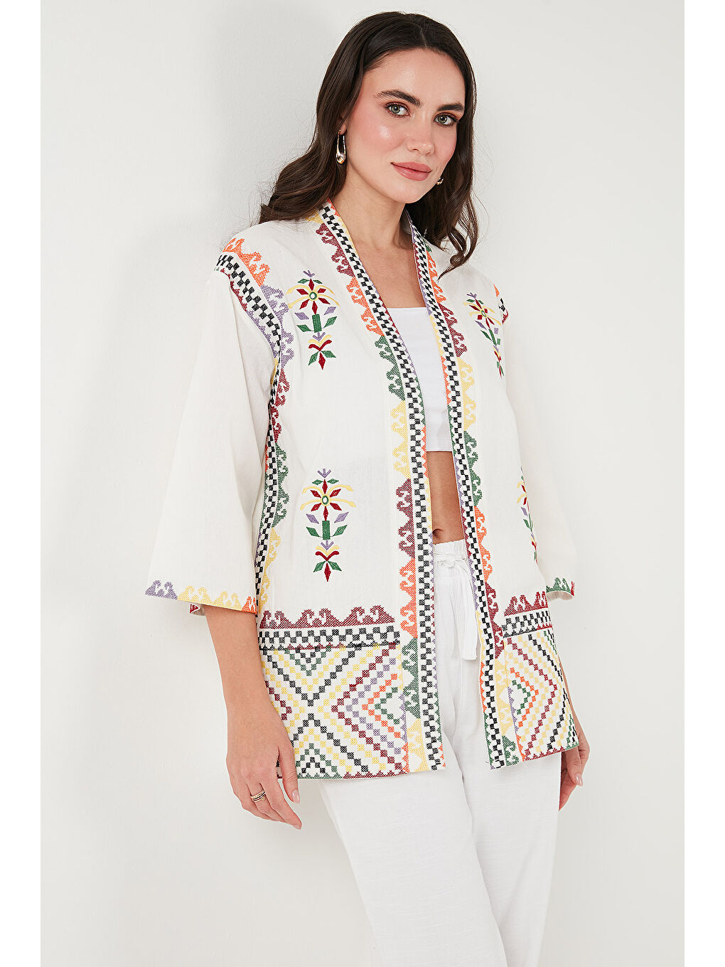 Lela Ekru Nakış İşlemeli Pamuklu Oversize Fit Truvakar Kol Kimono 676272 - 3